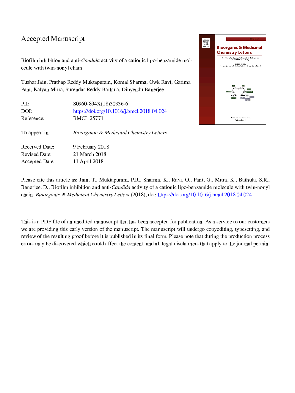 Biofilm inhibition and anti-Candida activity of a cationic lipo-benzamide molecule with twin-nonyl chain