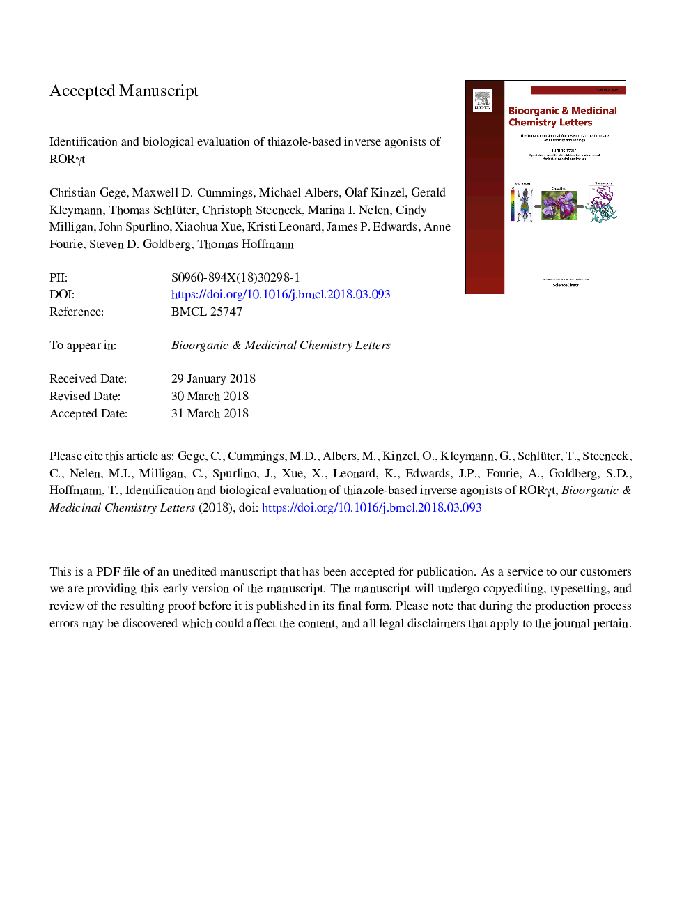 Identification and biological evaluation of thiazole-based inverse agonists of RORÎ³t