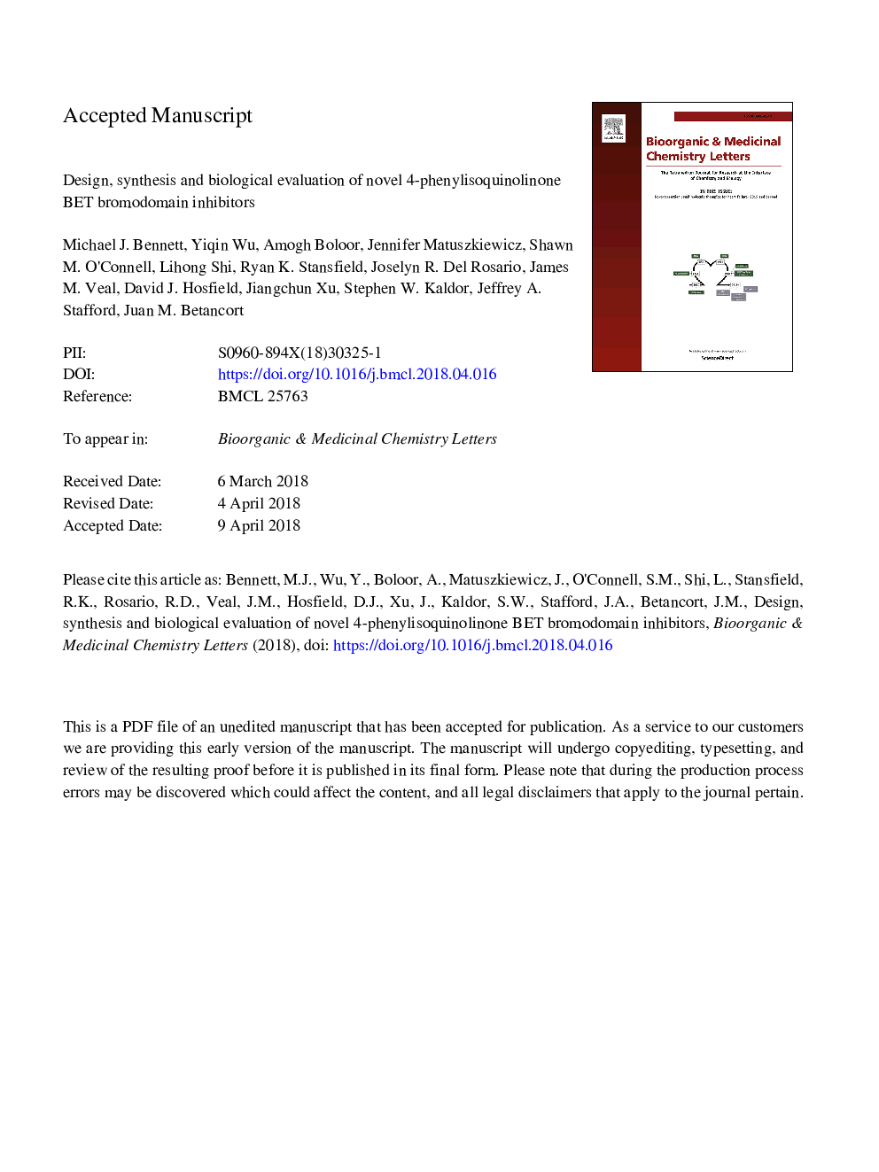 Design, synthesis and biological evaluation of novel 4-phenylisoquinolinone BET bromodomain inhibitors