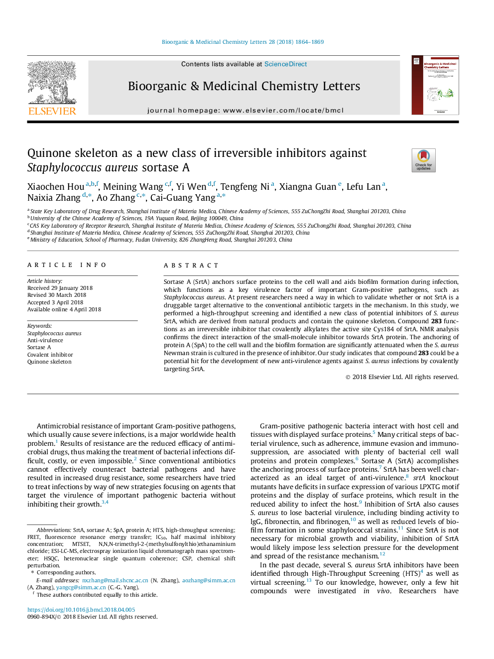 Quinone skeleton as a new class of irreversible inhibitors against Staphylococcus aureus sortase A