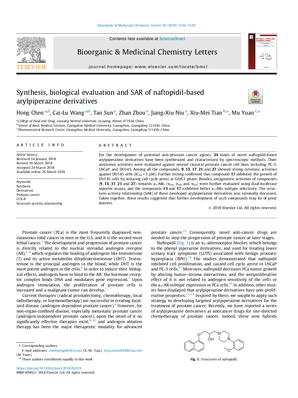 Synthesis, biological evaluation and SAR of naftopidil-based arylpiperazine derivatives