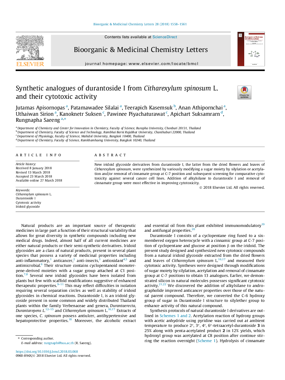 عکس صفحه اول مقاله: Synthetic analogues of durantoside I from Citharexylum spinosum L. and their cytotoxic activity Synthetic analogues of durantoside I from Citharexylum spinosum L. and their cytotoxic activity