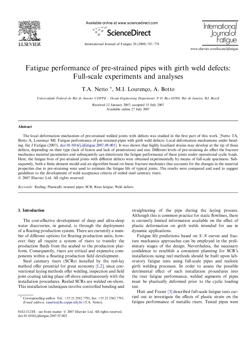 Fatigue performance of pre-strained pipes with girth weld defects: Full-scale experiments and analyses