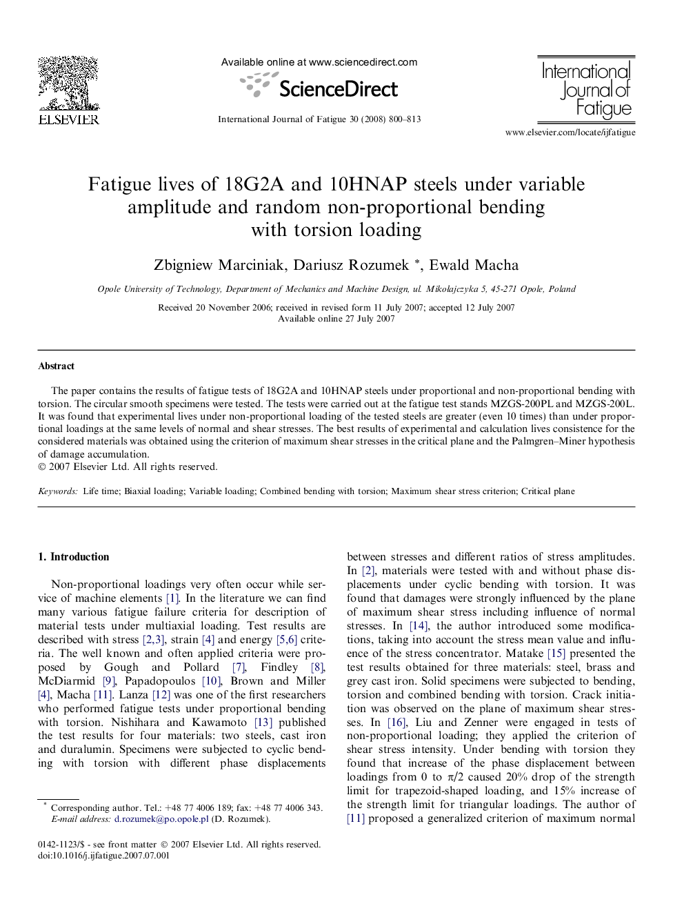 Fatigue lives of 18G2A and 10HNAP steels under variable amplitude and random non-proportional bending with torsion loading