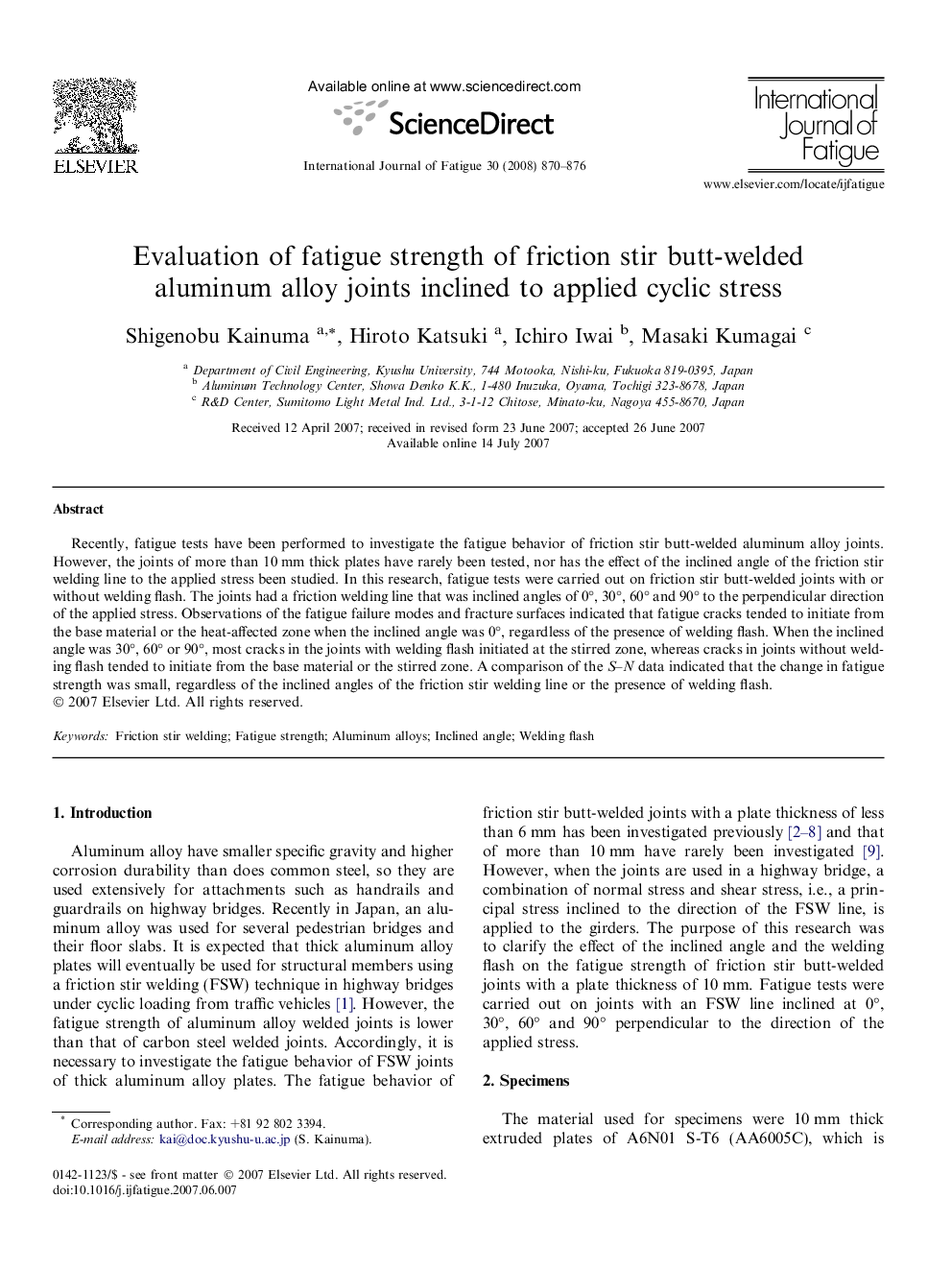 Evaluation of fatigue strength of friction stir butt-welded aluminum alloy joints inclined to applied cyclic stress