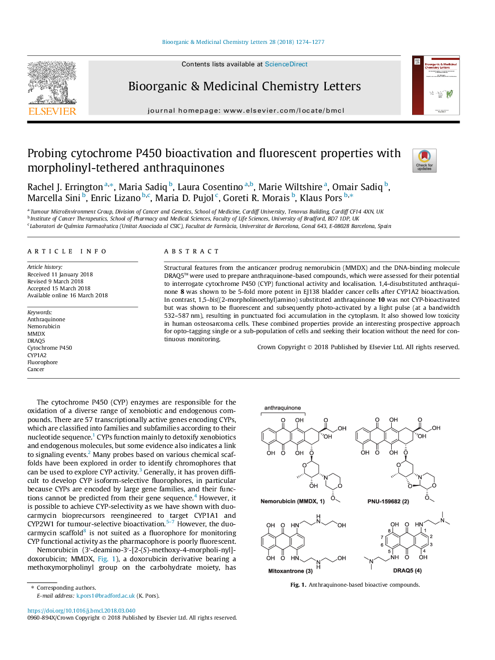 Probing cytochrome P450 bioactivation and fluorescent properties with morpholinyl-tethered anthraquinones