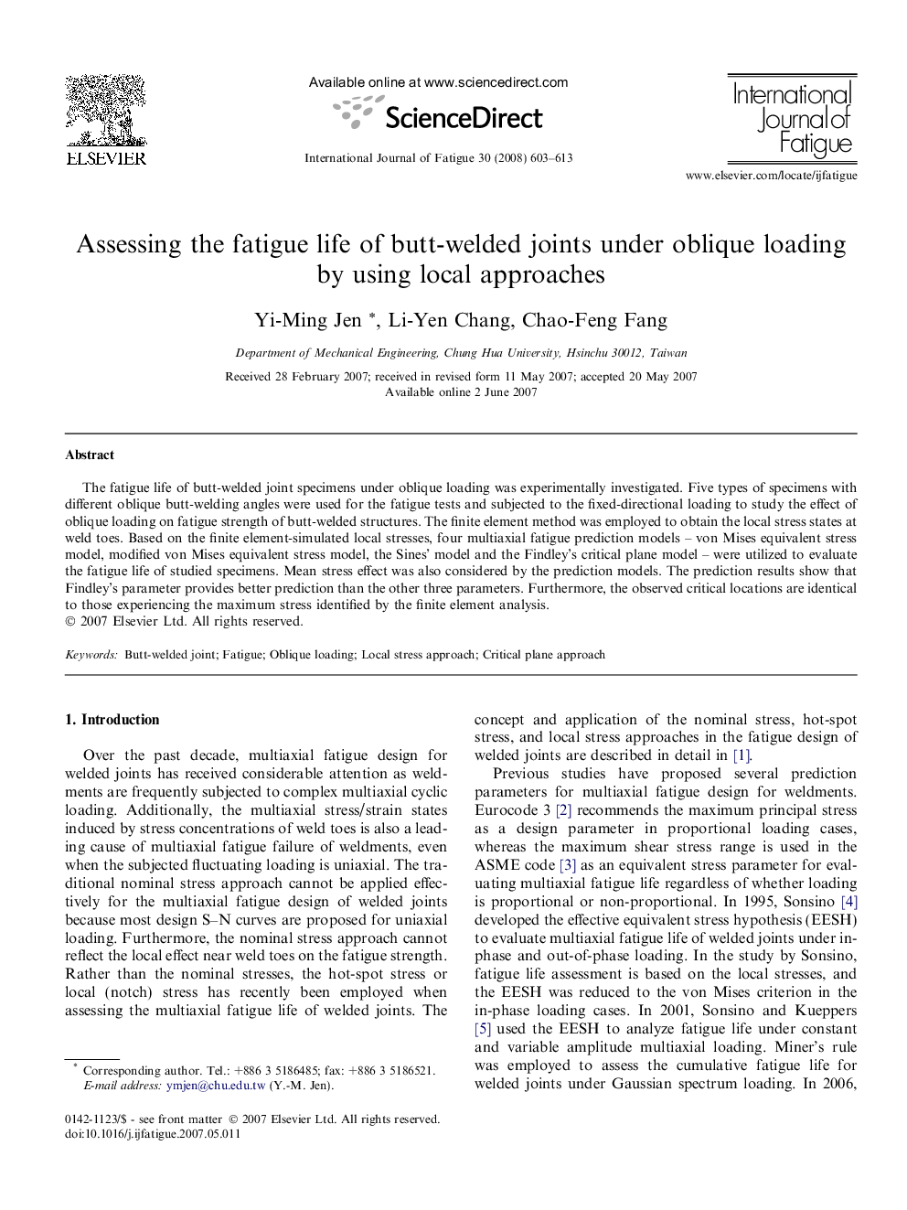 Assessing the fatigue life of butt-welded joints under oblique loading by using local approaches