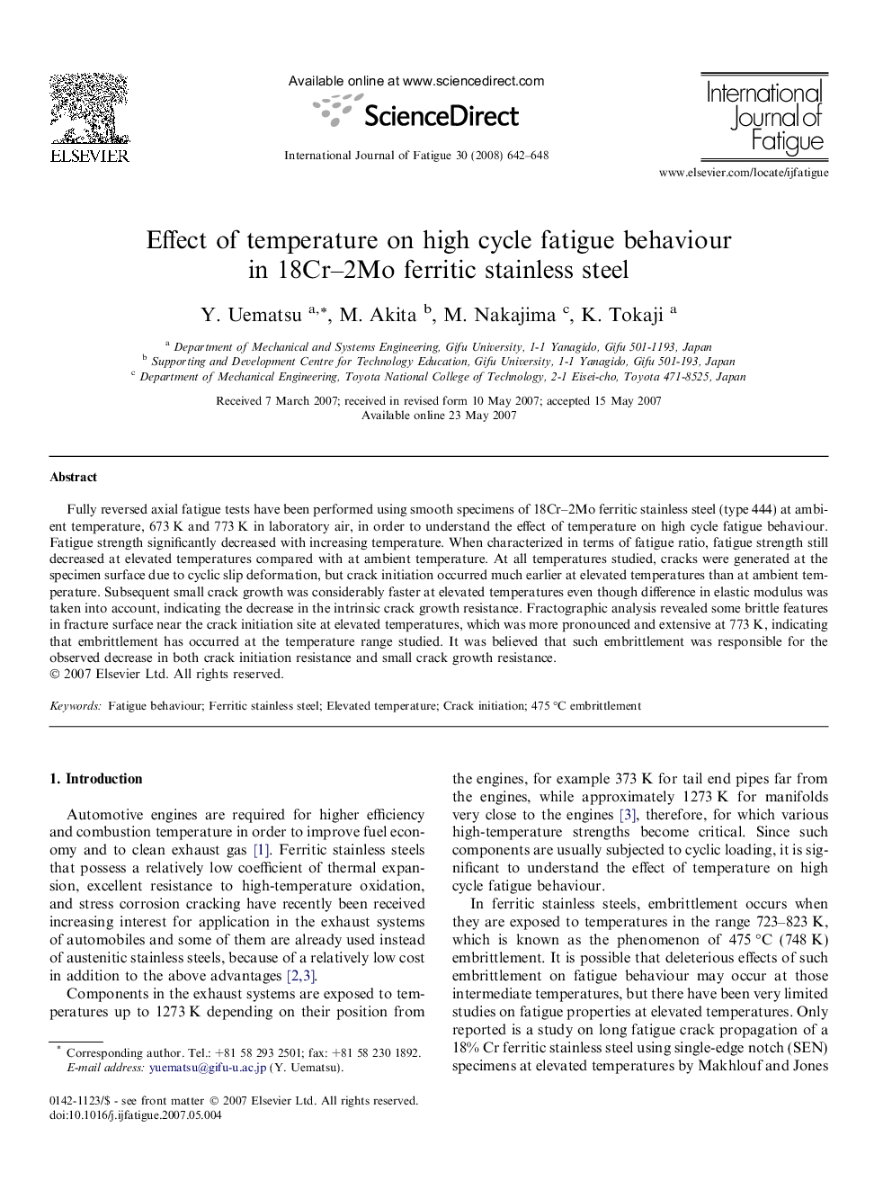 Effect of temperature on high cycle fatigue behaviour in 18Cr–2Mo ferritic stainless steel