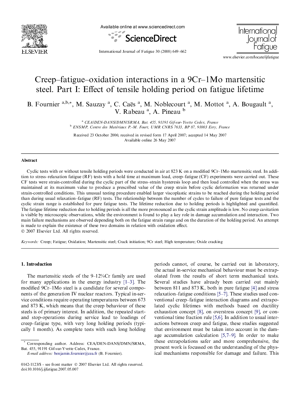 Creep–fatigue–oxidation interactions in a 9Cr–1Mo martensitic steel. Part I: Effect of tensile holding period on fatigue lifetime