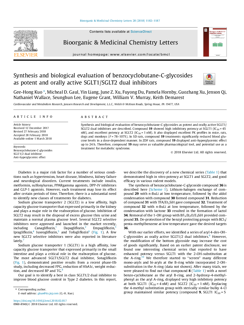 Synthesis and biological evaluation of benzocyclobutane-C-glycosides as potent and orally active SGLT1/SGLT2 dual inhibitors