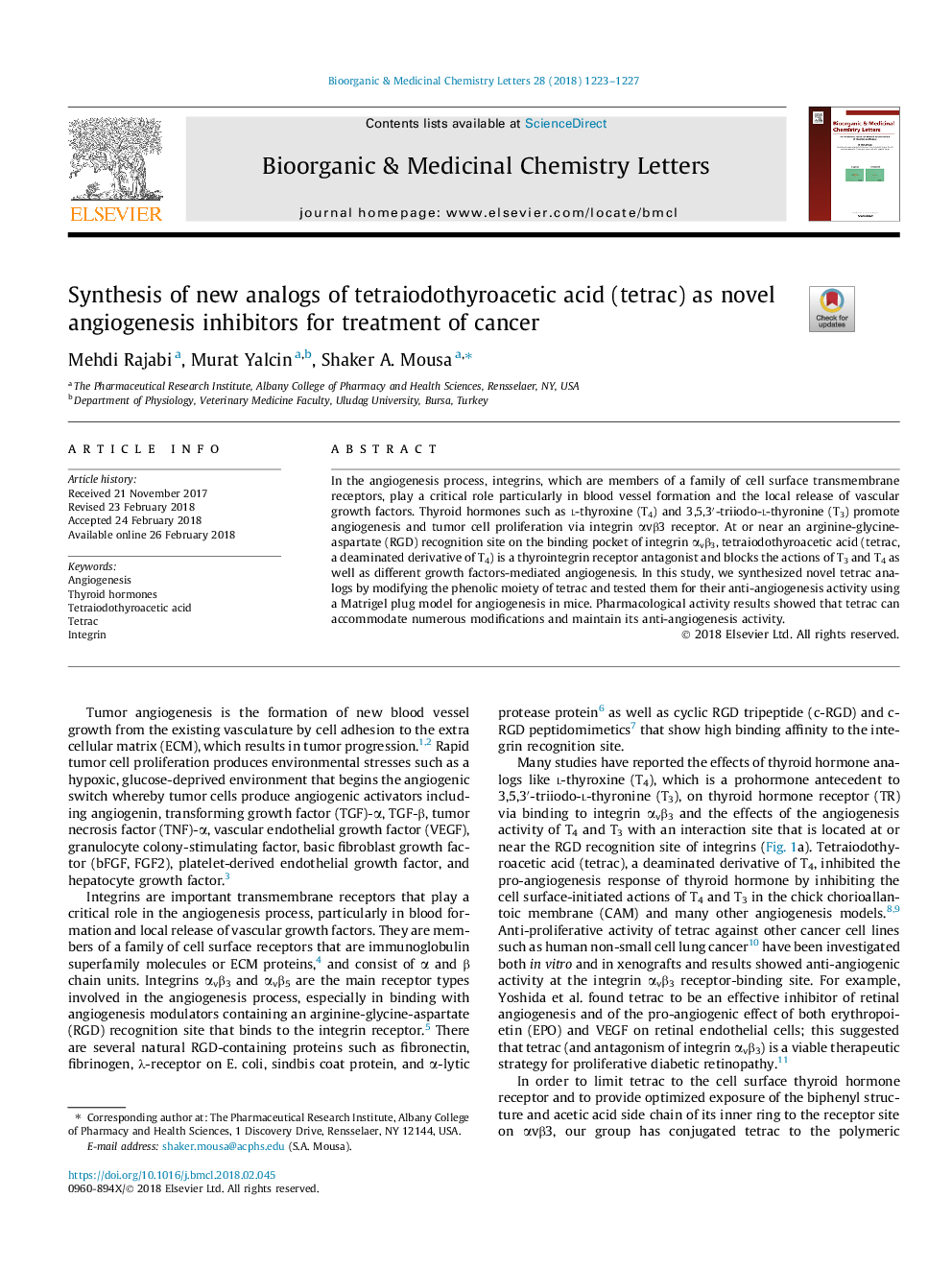 Synthesis of new analogs of tetraiodothyroacetic acid (tetrac) as novel angiogenesis inhibitors for treatment of cancer