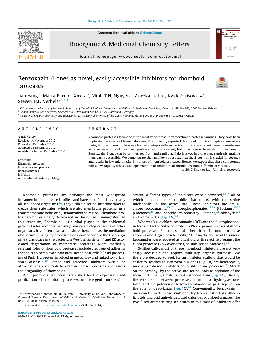 Benzoxazin-4-ones as novel, easily accessible inhibitors for rhomboid proteases