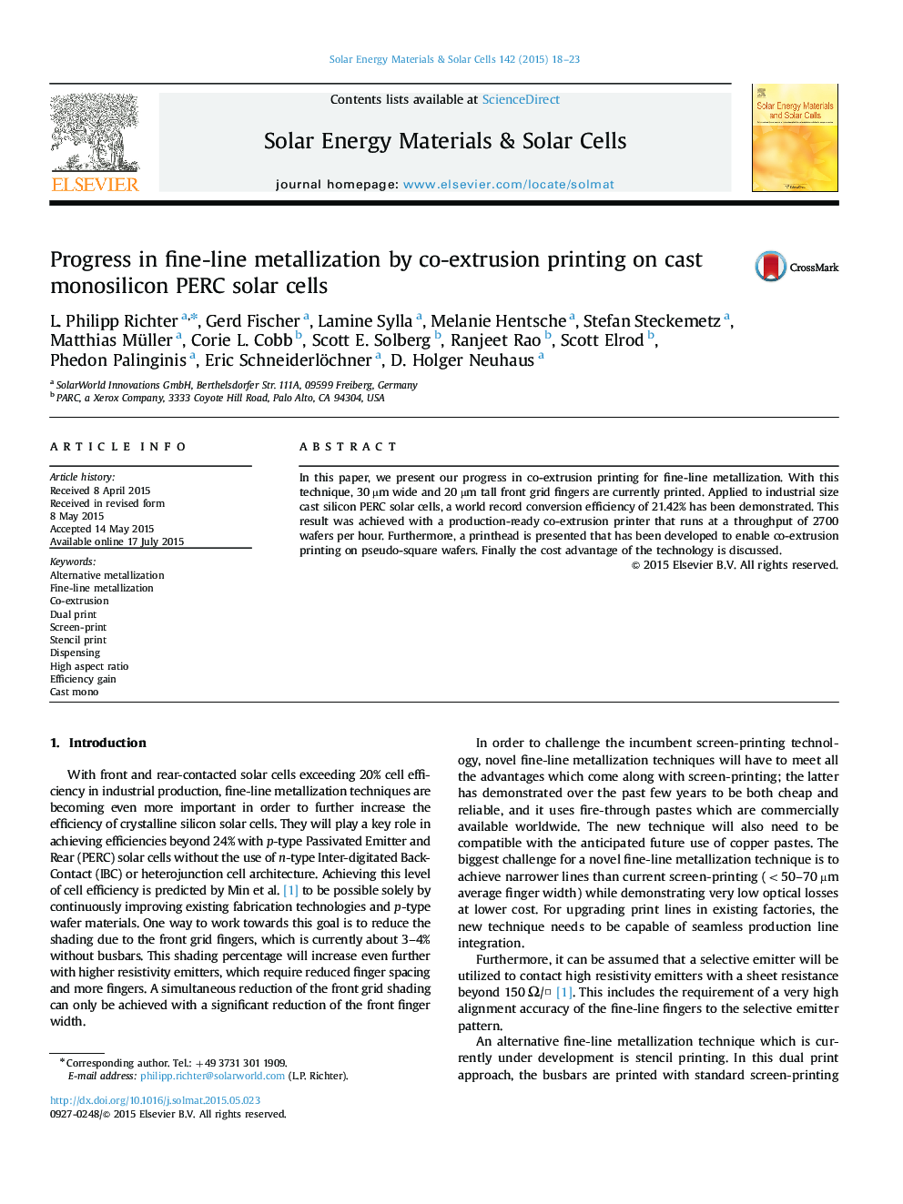 Progress in fine-line metallization by co-extrusion printing on cast monosilicon PERC solar cells