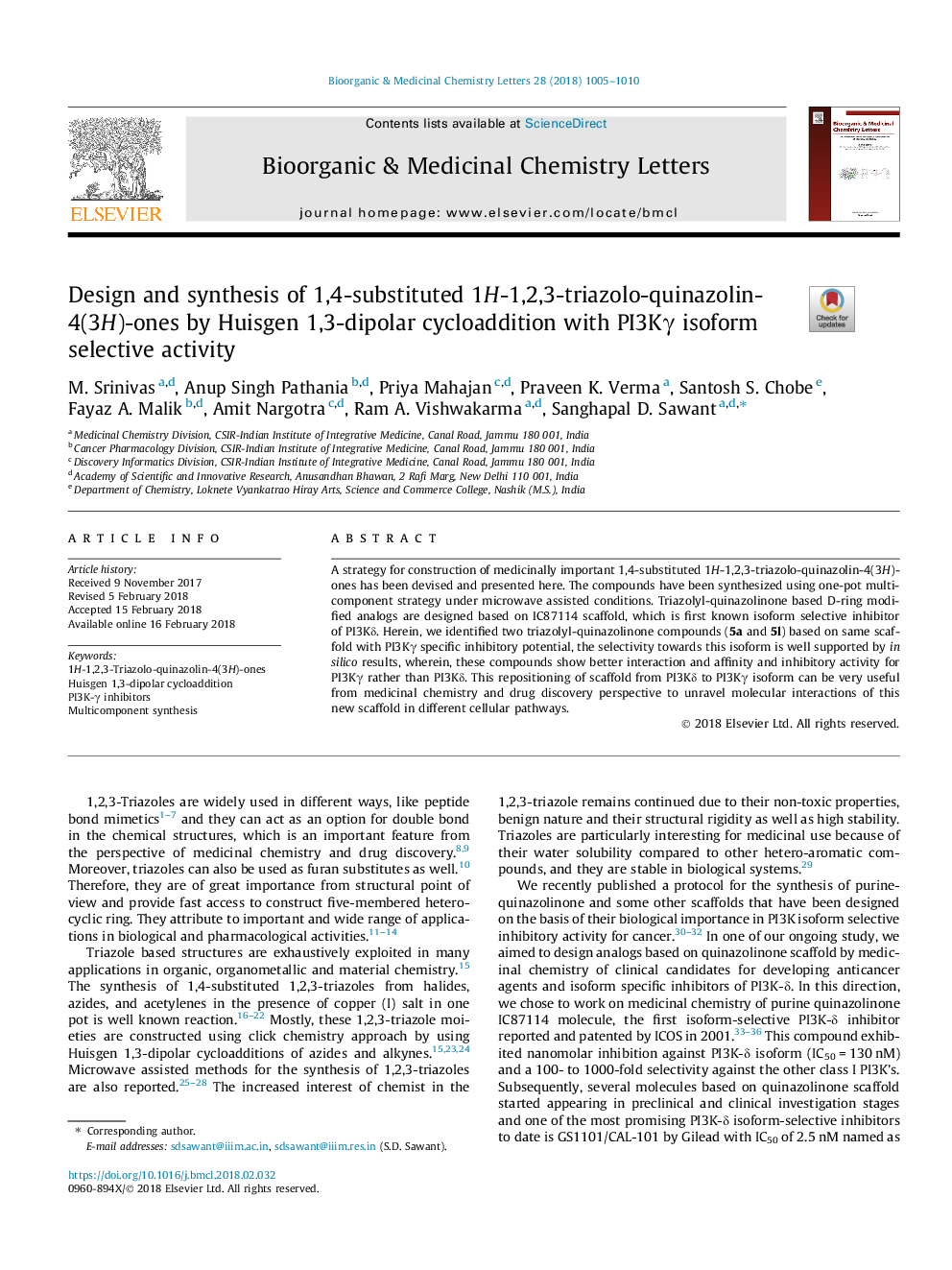 Design and synthesis of 1,4-substituted 1H-1,2,3-triazolo-quinazolin-4(3H)-ones by Huisgen 1,3-dipolar cycloaddition with PI3KÎ³ isoform selective activity