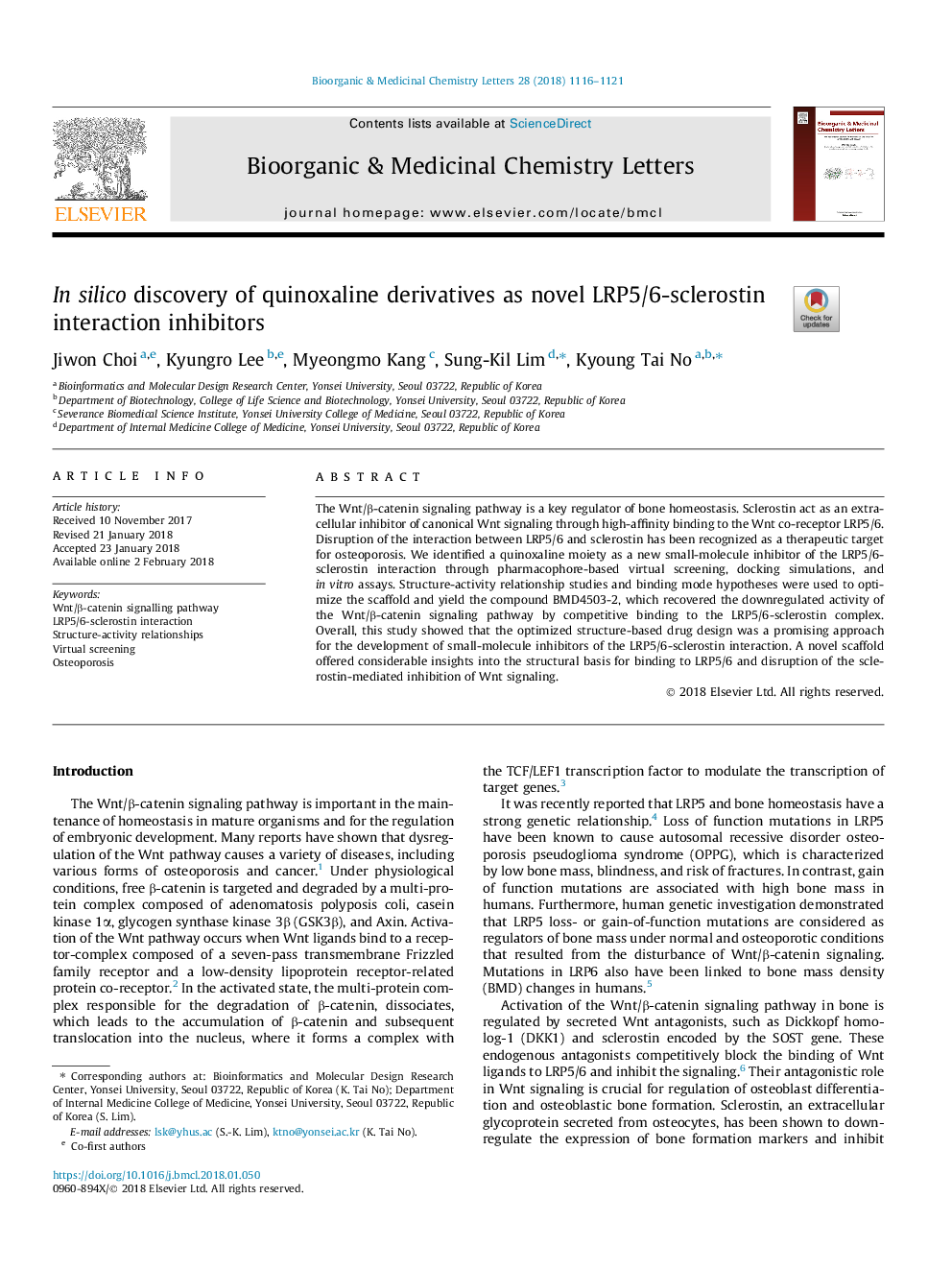 In silico discovery of quinoxaline derivatives as novel LRP5/6-sclerostin interaction inhibitors