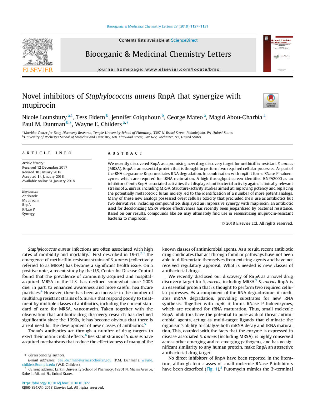 Novel inhibitors of Staphylococcus aureus RnpA that synergize with mupirocin