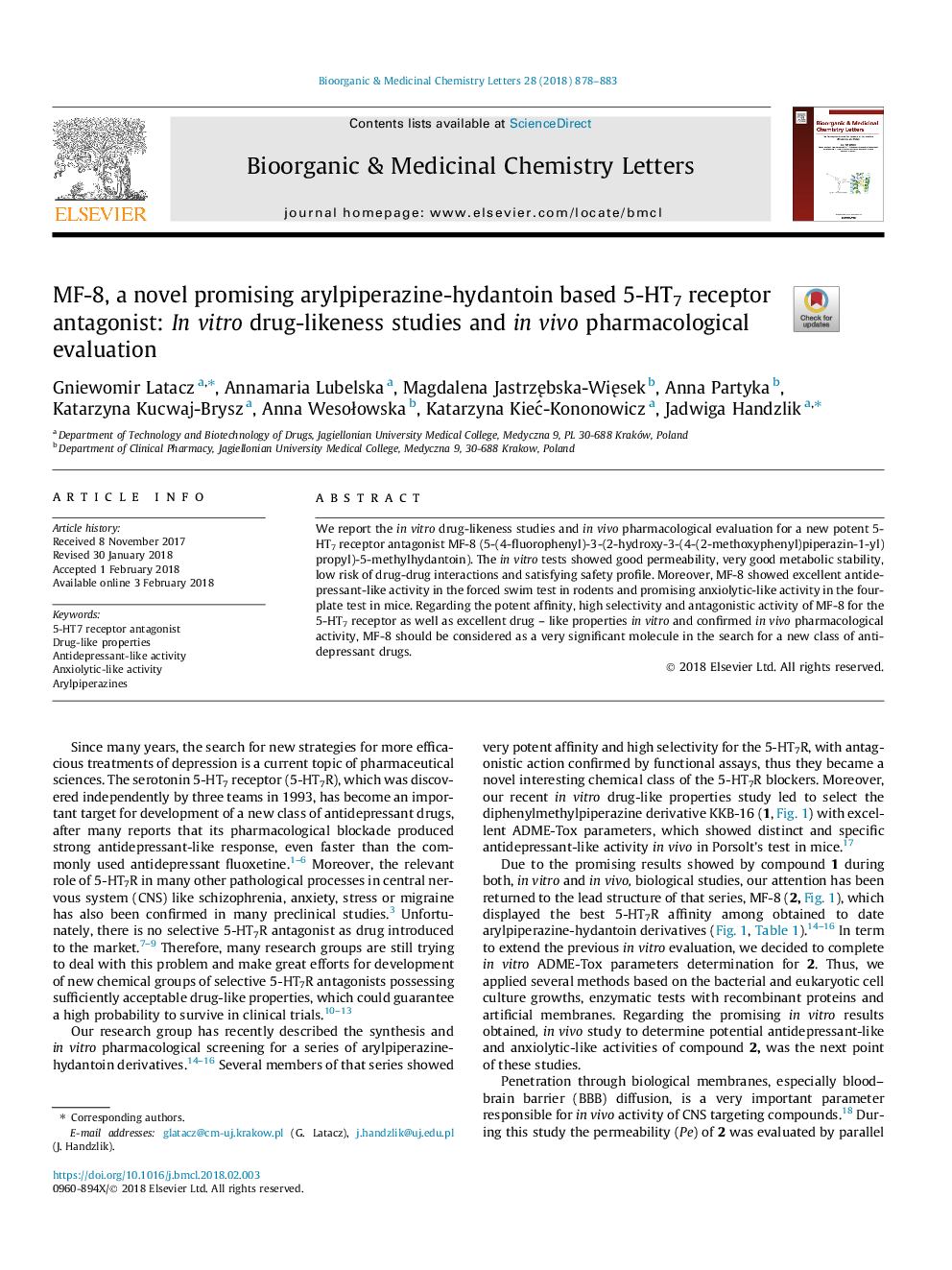 MF-8, a novel promising arylpiperazine-hydantoin based 5-HT7 receptor antagonist: In vitro drug-likeness studies and in vivo pharmacological evaluation