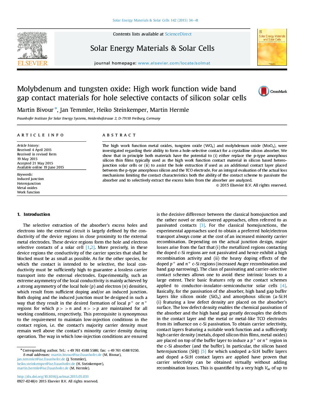 Molybdenum and tungsten oxide: High work function wide band gap contact materials for hole selective contacts of silicon solar cells