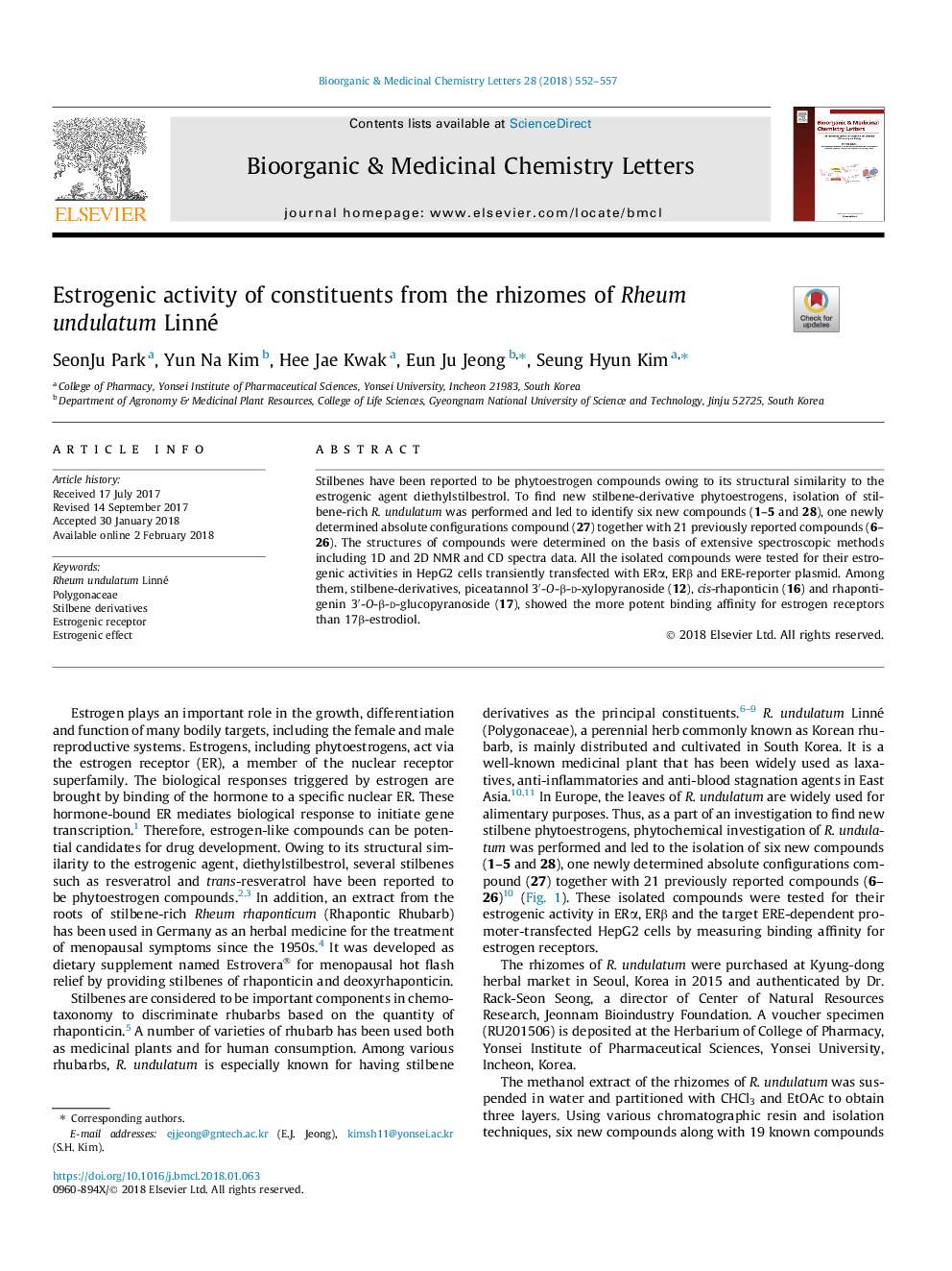 Estrogenic activity of constituents from the rhizomes of Rheum undulatum Linné