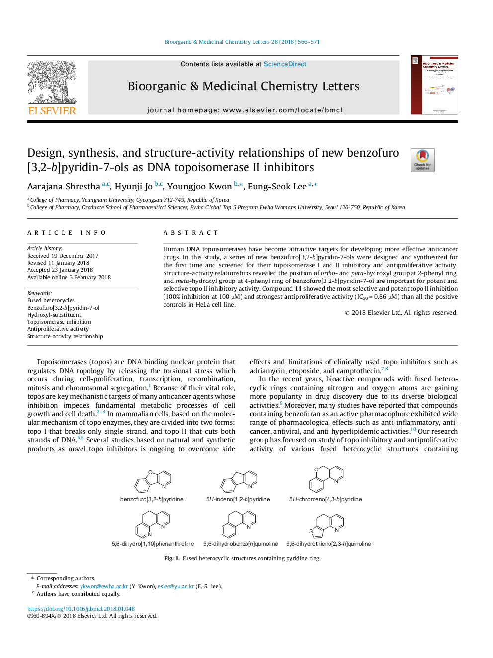 Design, synthesis, and structure-activity relationships of new benzofuro[3,2-b]pyridin-7-ols as DNA topoisomerase II inhibitors