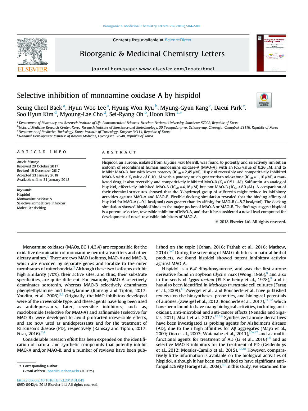 Selective inhibition of monoamine oxidase A by hispidol