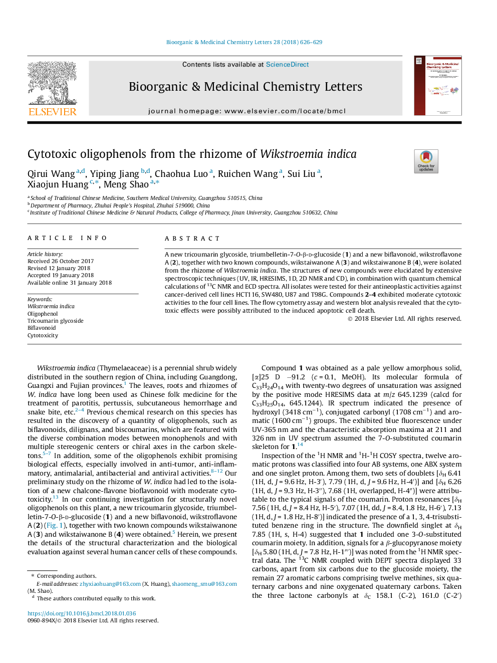 Cytotoxic oligophenols from the rhizome of Wikstroemia indica