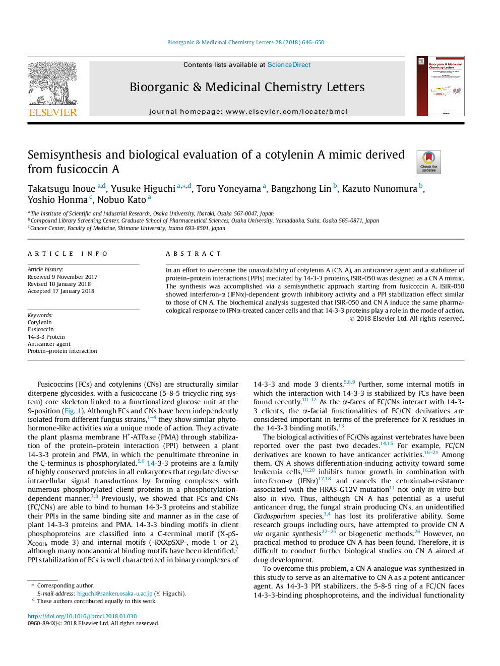 Semisynthesis and biological evaluation of a cotylenin A mimic derived from fusicoccin A