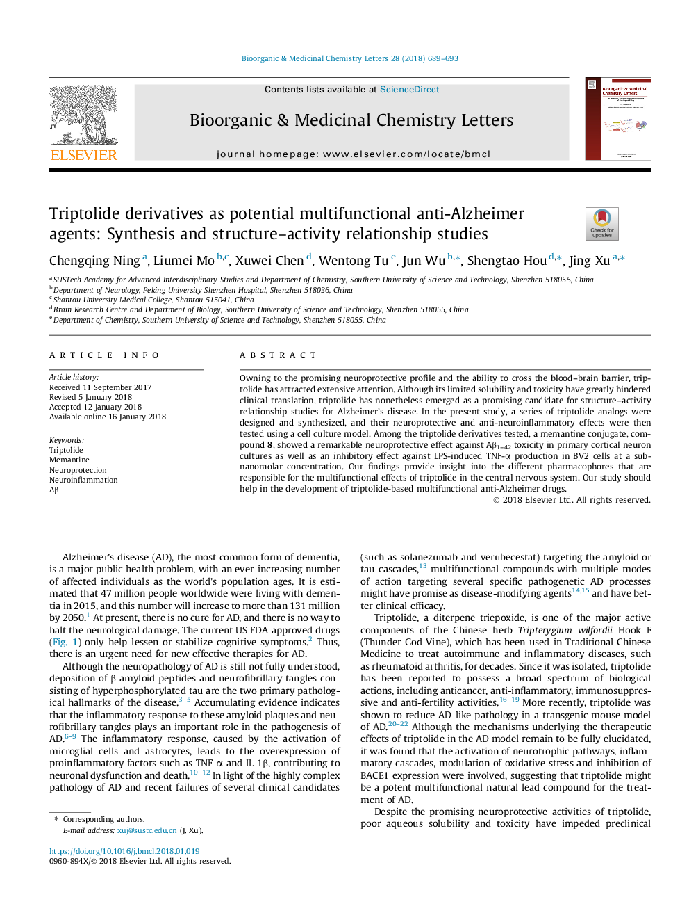 Triptolide derivatives as potential multifunctional anti-Alzheimer agents: Synthesis and structure-activity relationship studies