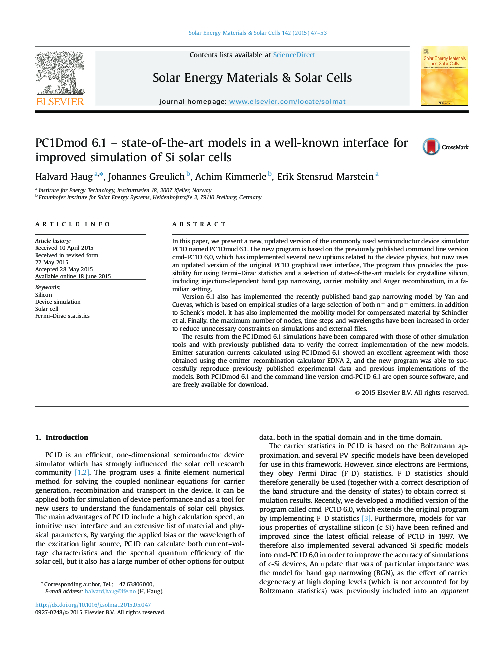 PC1Dmod 6.1 – state-of-the-art models in a well-known interface for improved simulation of Si solar cells