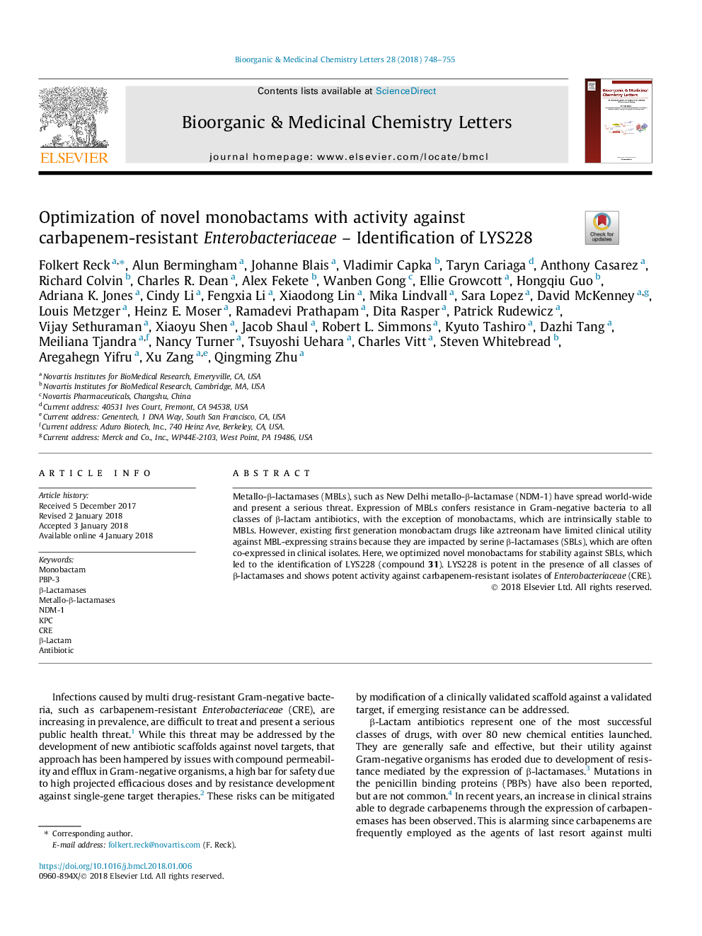 Optimization of novel monobactams with activity against carbapenem-resistant Enterobacteriaceae - Identification of LYS228