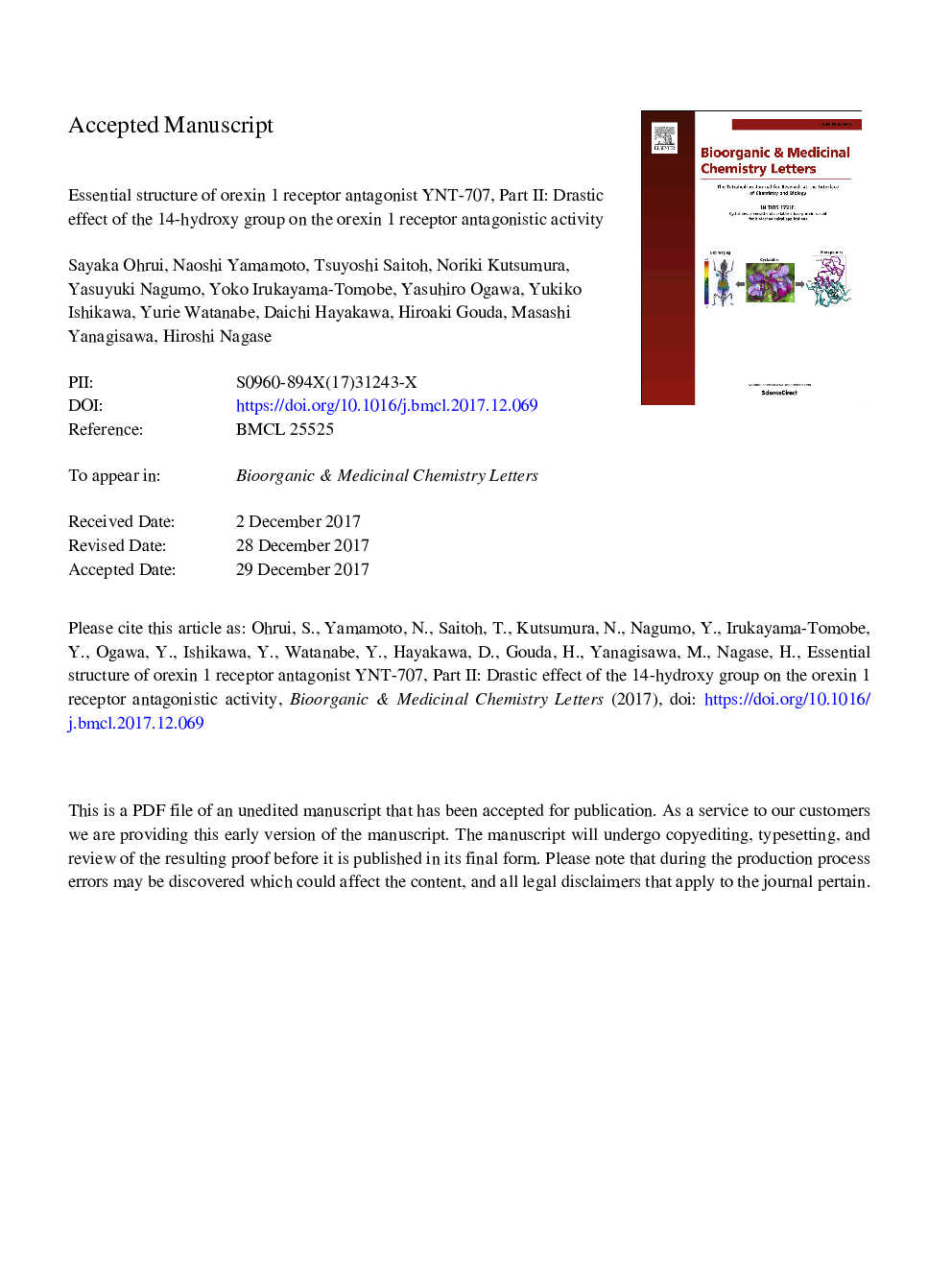 Essential structure of orexin 1 receptor antagonist YNT-707, Part II: Drastic effect of the 14-hydroxy group on the orexin 1 receptor antagonistic activity