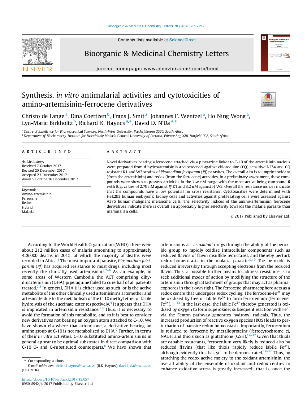 Synthesis, in vitro antimalarial activities and cytotoxicities of amino-artemisinin-ferrocene derivatives