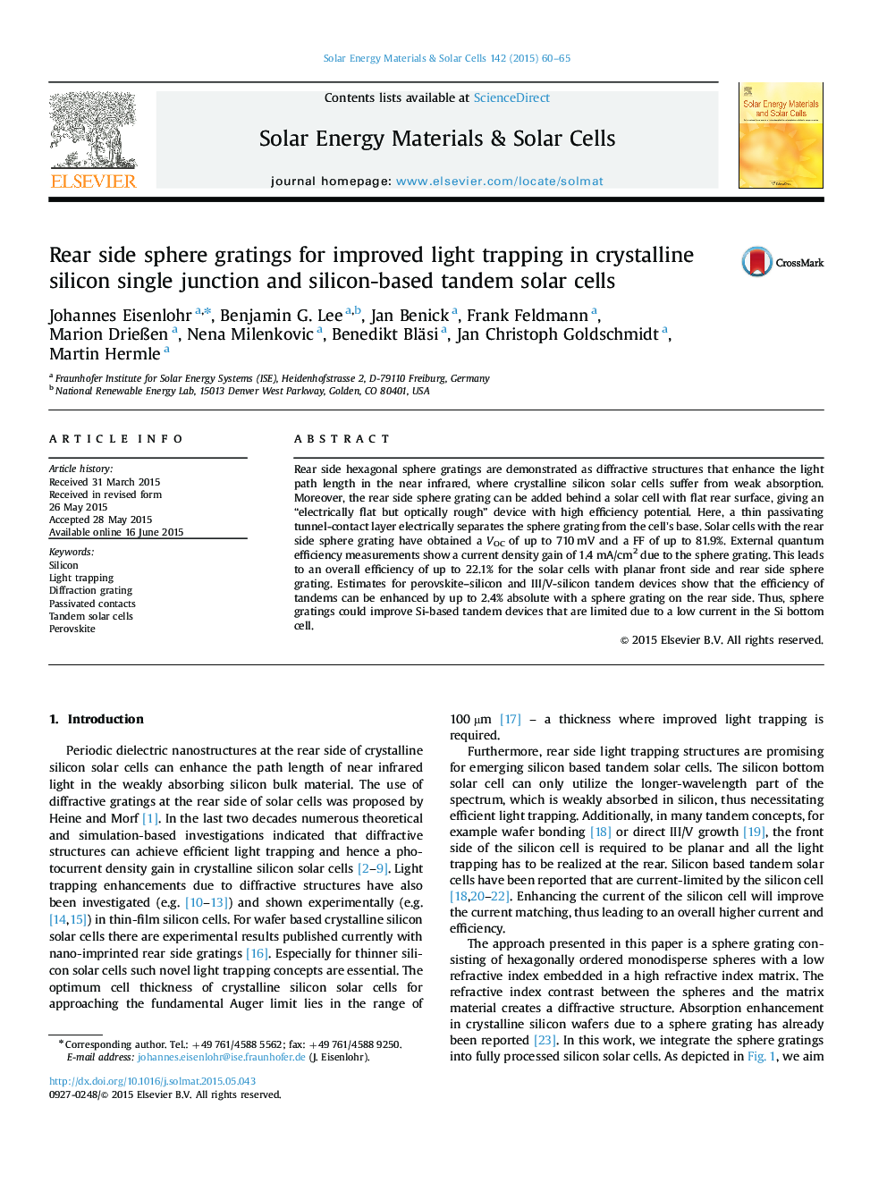 Rear side sphere gratings for improved light trapping in crystalline silicon single junction and silicon-based tandem solar cells