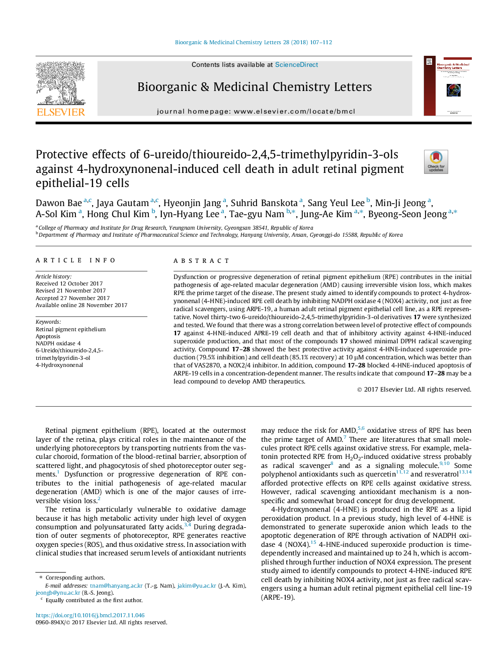 Protective effects of 6-ureido/thioureido-2,4,5-trimethylpyridin-3-ols against 4-hydroxynonenal-induced cell death in adult retinal pigment epithelial-19 cells