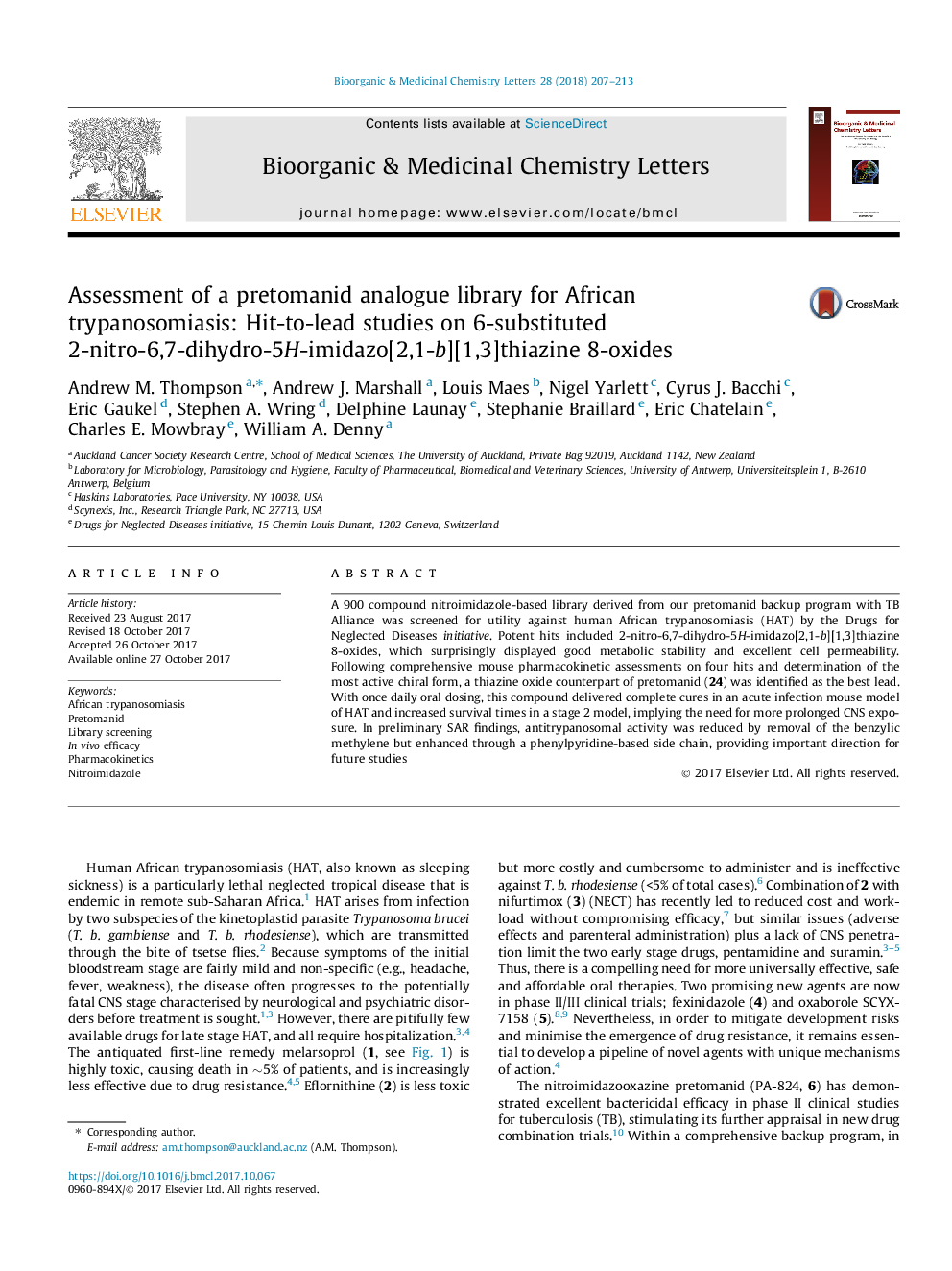 Assessment of a pretomanid analogue library for African trypanosomiasis: Hit-to-lead studies on 6-substituted 2-nitro-6,7-dihydro-5H-imidazo[2,1-b][1,3]thiazine 8-oxides