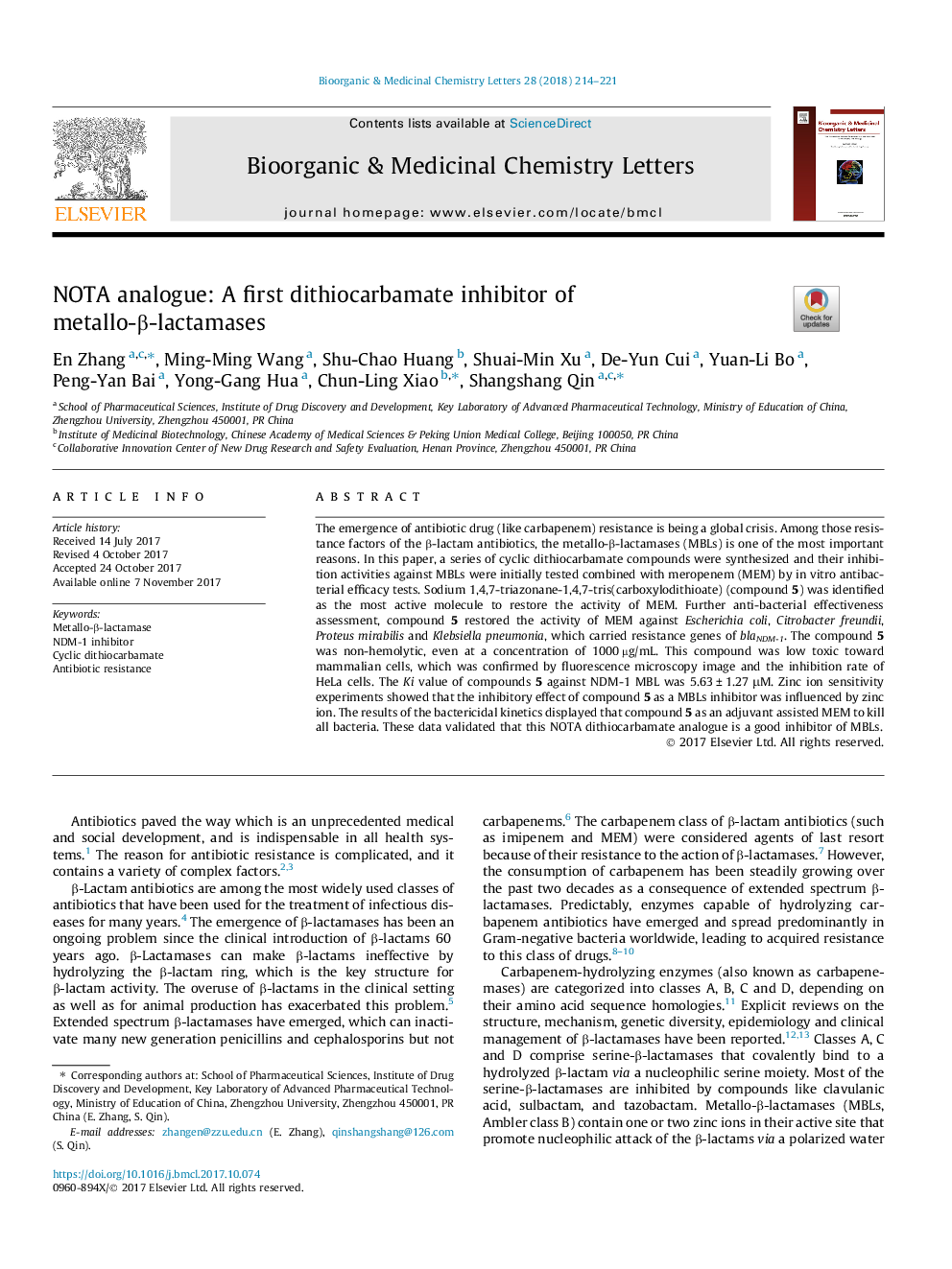 NOTA analogue: A first dithiocarbamate inhibitor of metallo-Î²-lactamases