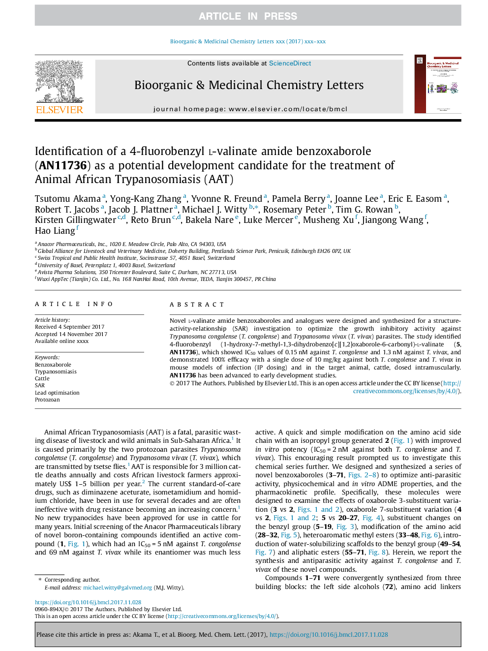 Identification of a 4-fluorobenzyl l-valinate amide benzoxaborole (AN11736) as a potential development candidate for the treatment of Animal African Trypanosomiasis (AAT)