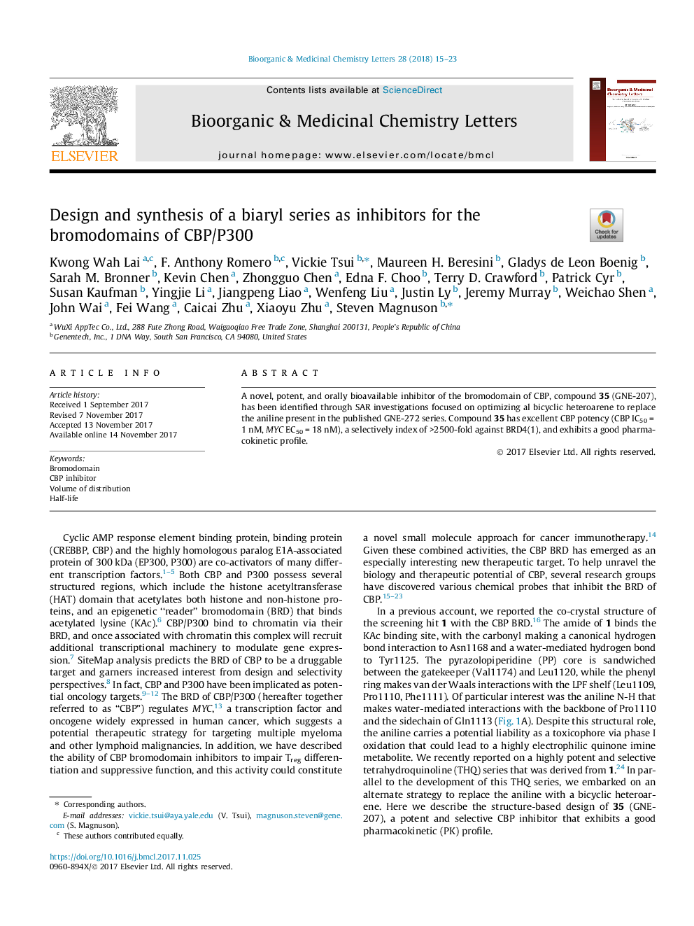 عکس صفحه اول مقاله: Design and synthesis of a biaryl series as inhibitors for the bromodomains of CBP/P300 Design and synthesis of a biaryl series as inhibitors for the bromodomains of CBP/P300