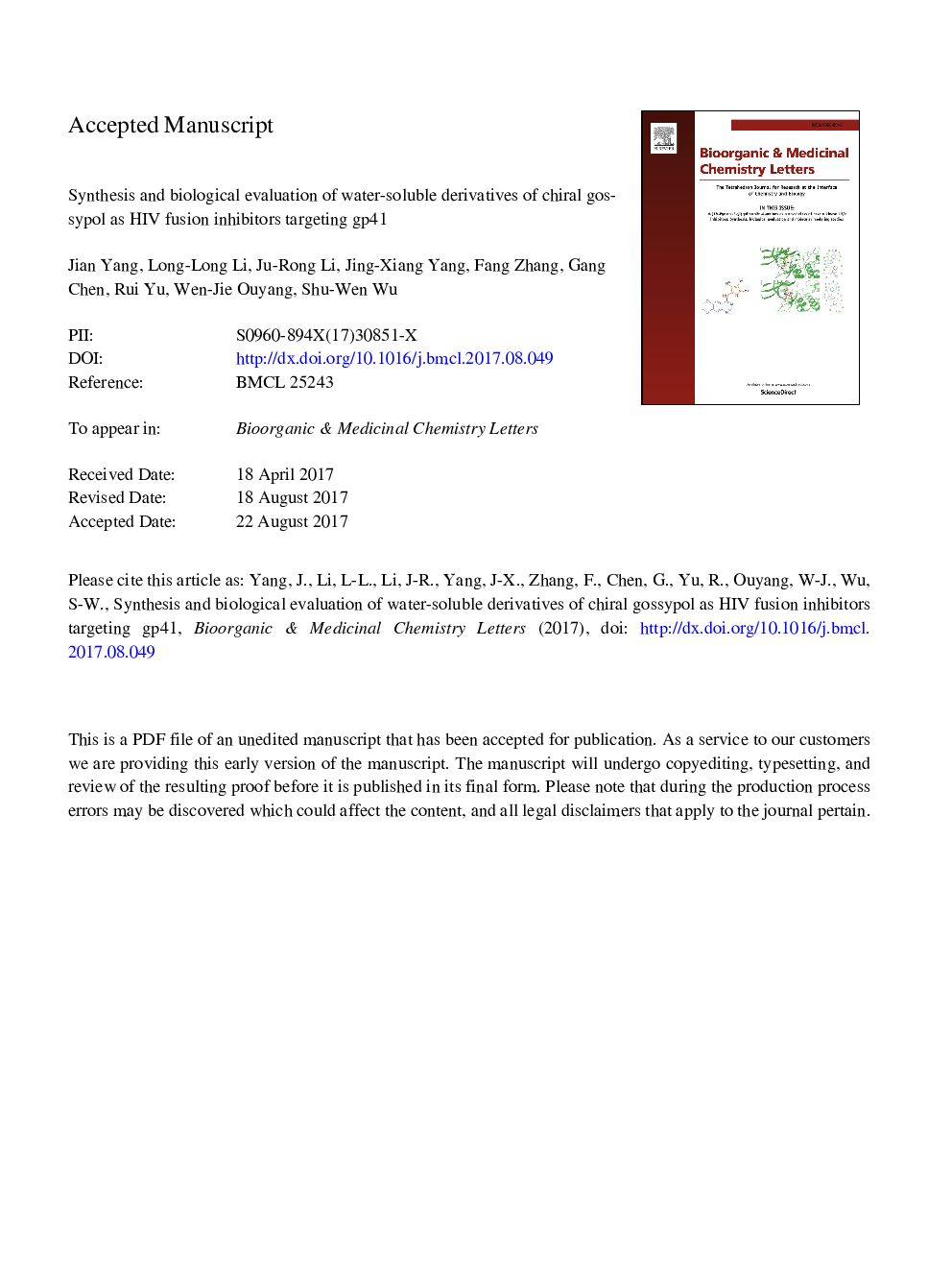 Synthesis and biological evaluation of water-soluble derivatives of chiral gossypol as HIV fusion inhibitors targeting gp41