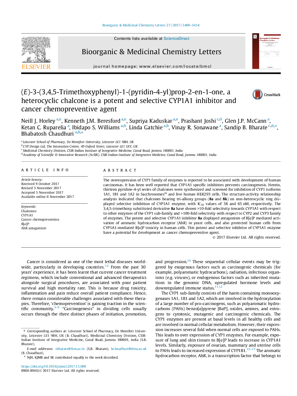 (E)-3-(3,4,5-Trimethoxyphenyl)-1-(pyridin-4-yl)prop-2-en-1-one, a heterocyclic chalcone is a potent and selective CYP1A1 inhibitor and cancer chemopreventive agent