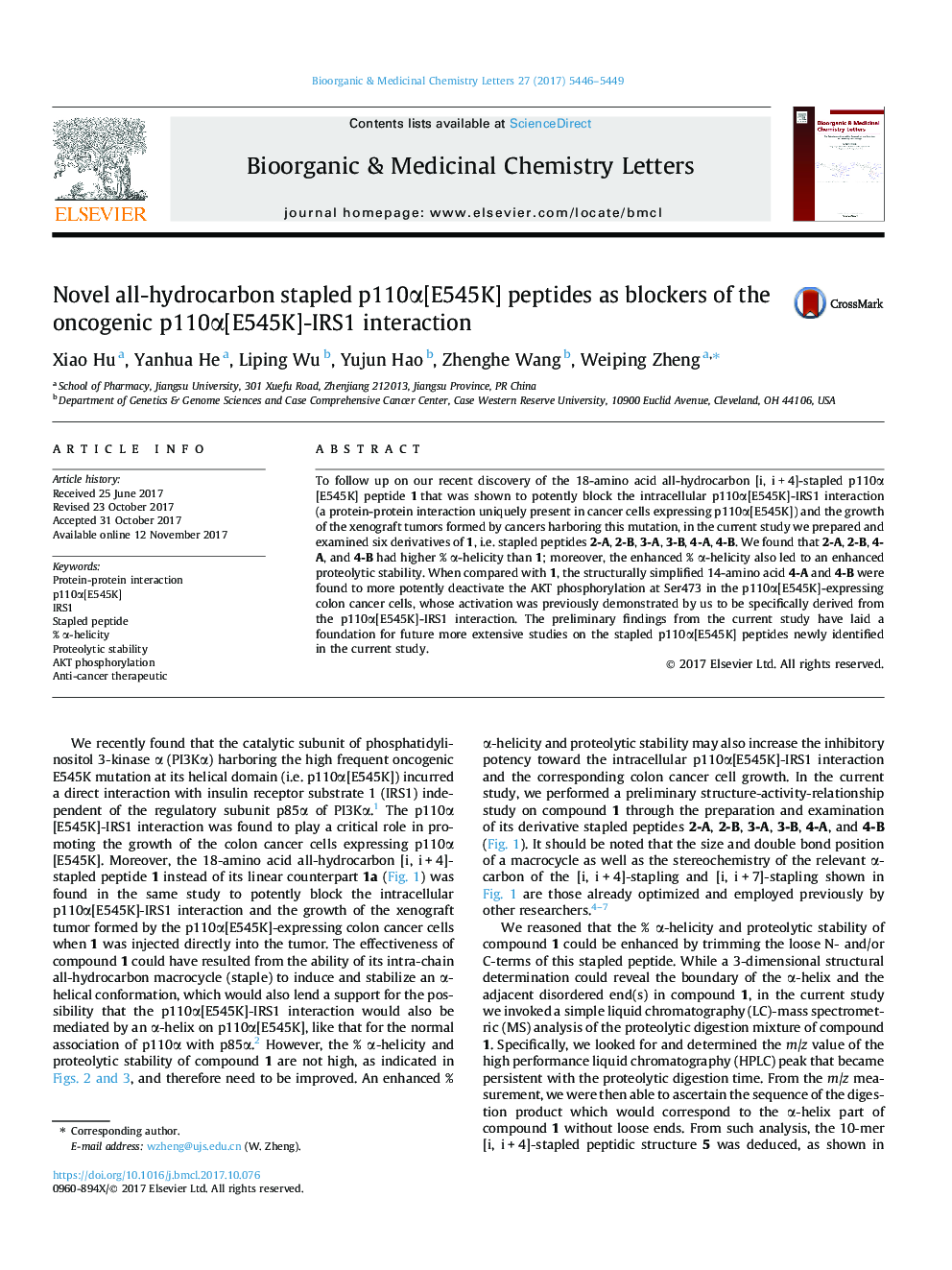 Novel all-hydrocarbon stapled p110Î±[E545K] peptides as blockers of the oncogenic p110Î±[E545K]-IRS1 interaction