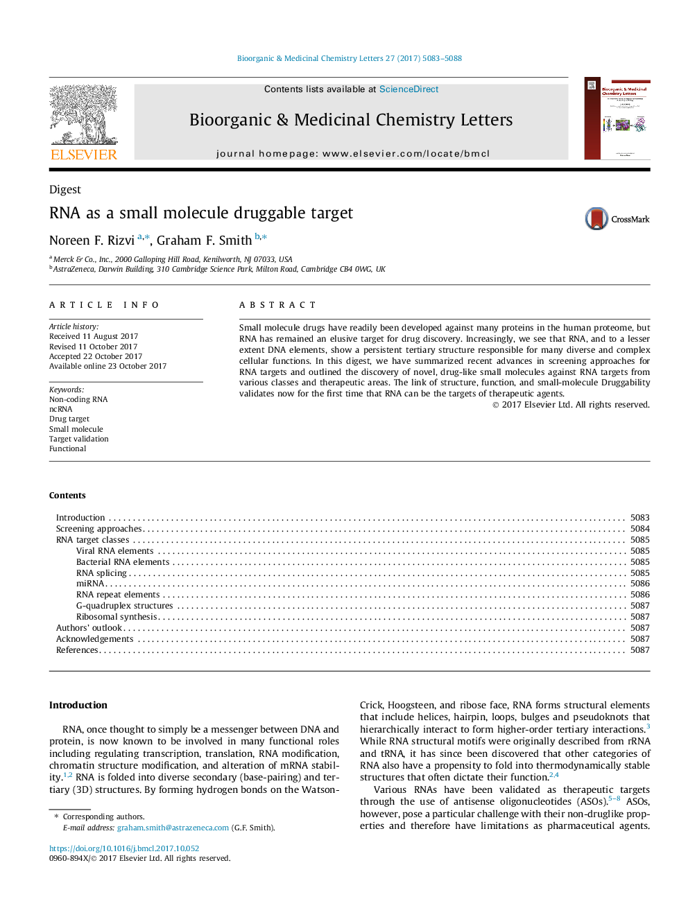 RNA as a small molecule druggable target