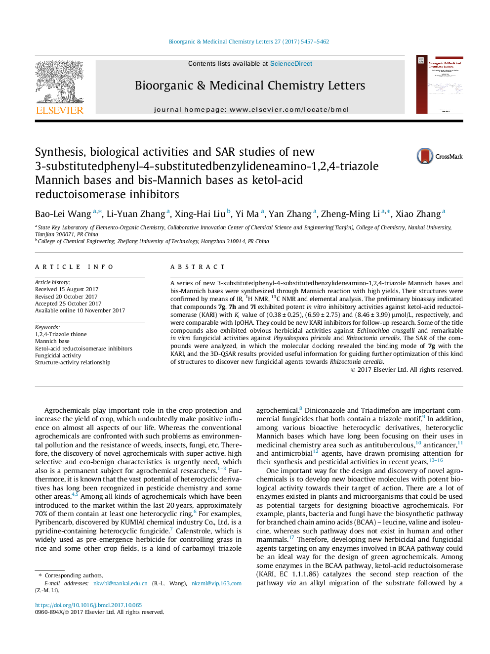 Synthesis, biological activities and SAR studies of new 3-substitutedphenyl-4-substitutedbenzylideneamino-1,2,4-triazole Mannich bases and bis-Mannich bases as ketol-acid reductoisomerase inhibitors