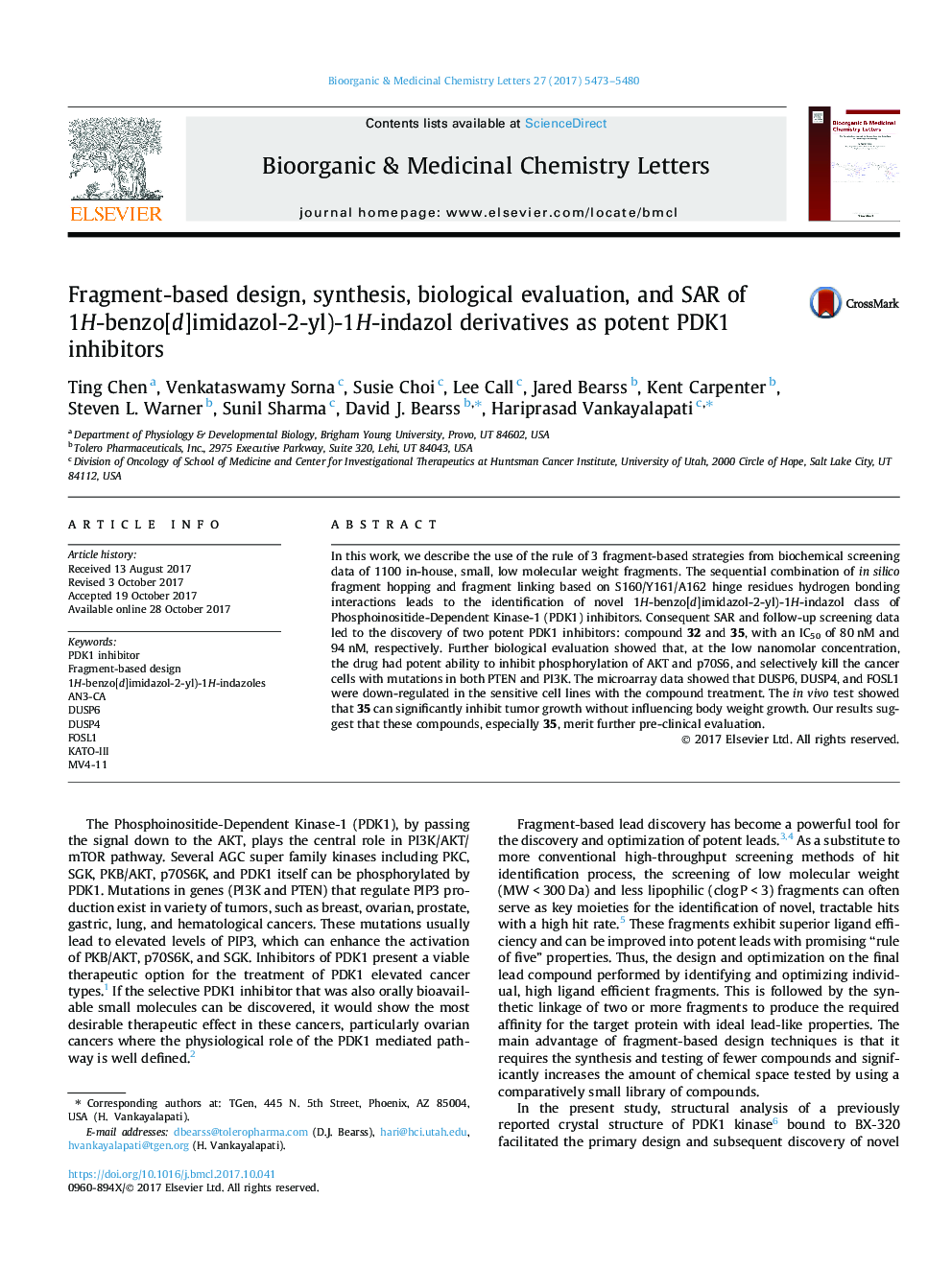 Fragment-based design, synthesis, biological evaluation, and SAR of 1H-benzo[d]imidazol-2-yl)-1H-indazol derivatives as potent PDK1 inhibitors