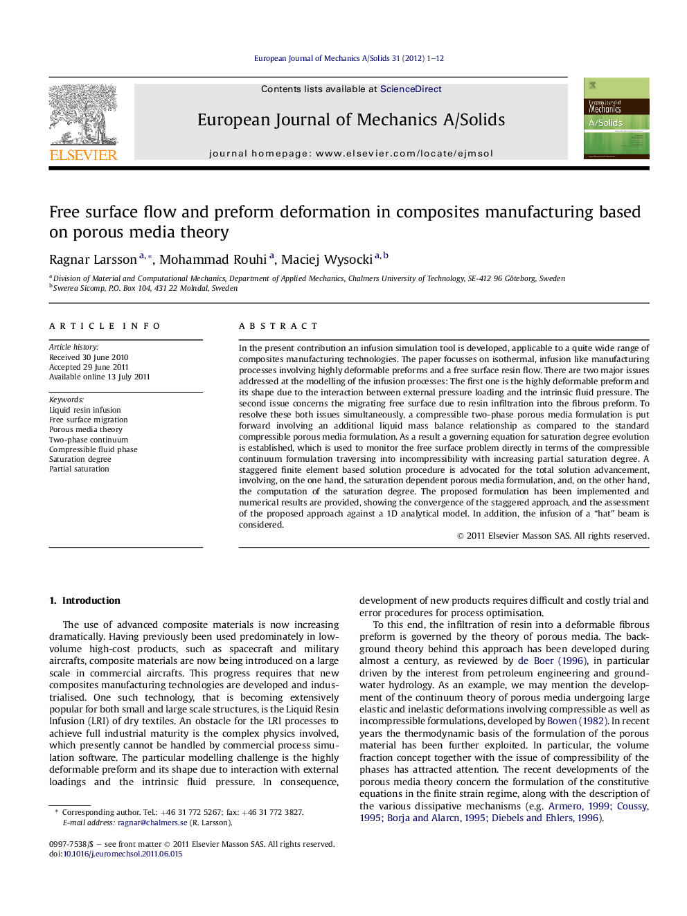 Free surface flow and preform deformation in composites manufacturing based on porous media theory