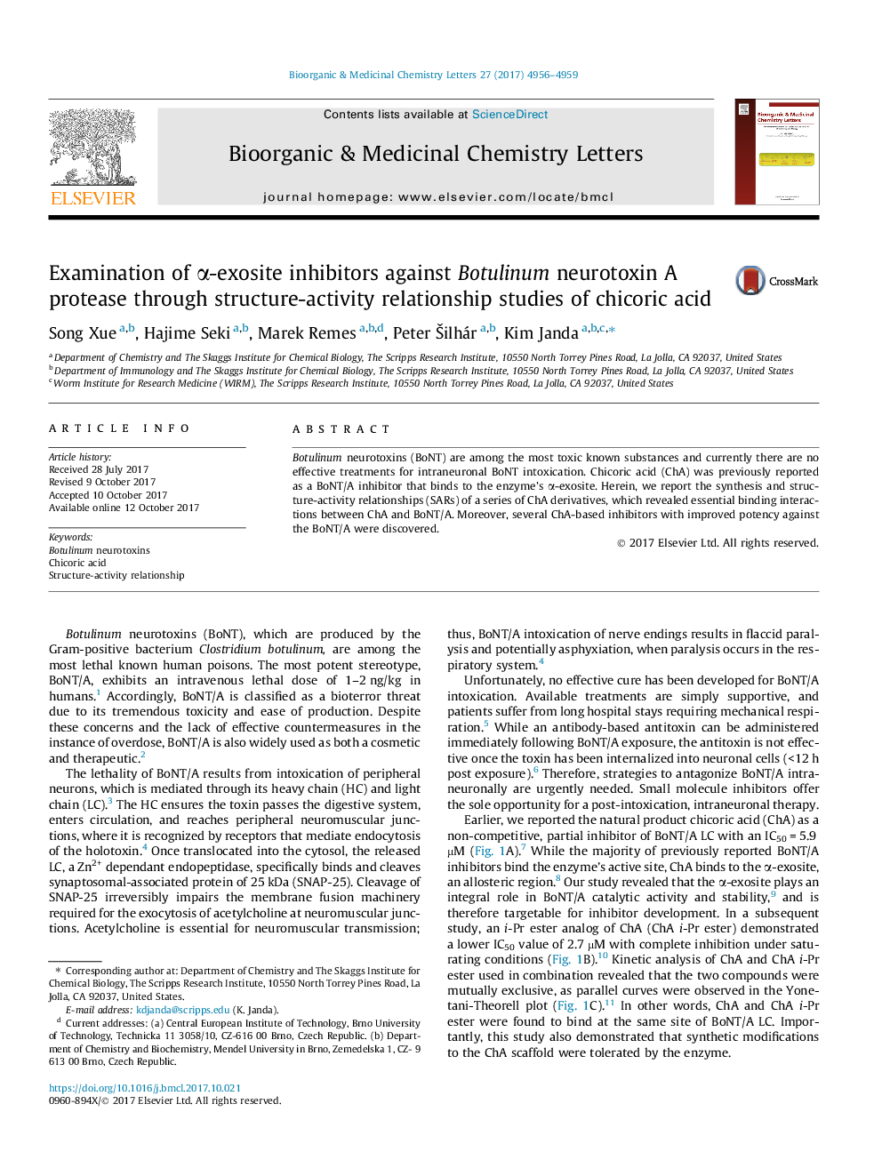 Examination of Î±-exosite inhibitors against Botulinum neurotoxin A protease through structure-activity relationship studies of chicoric acid