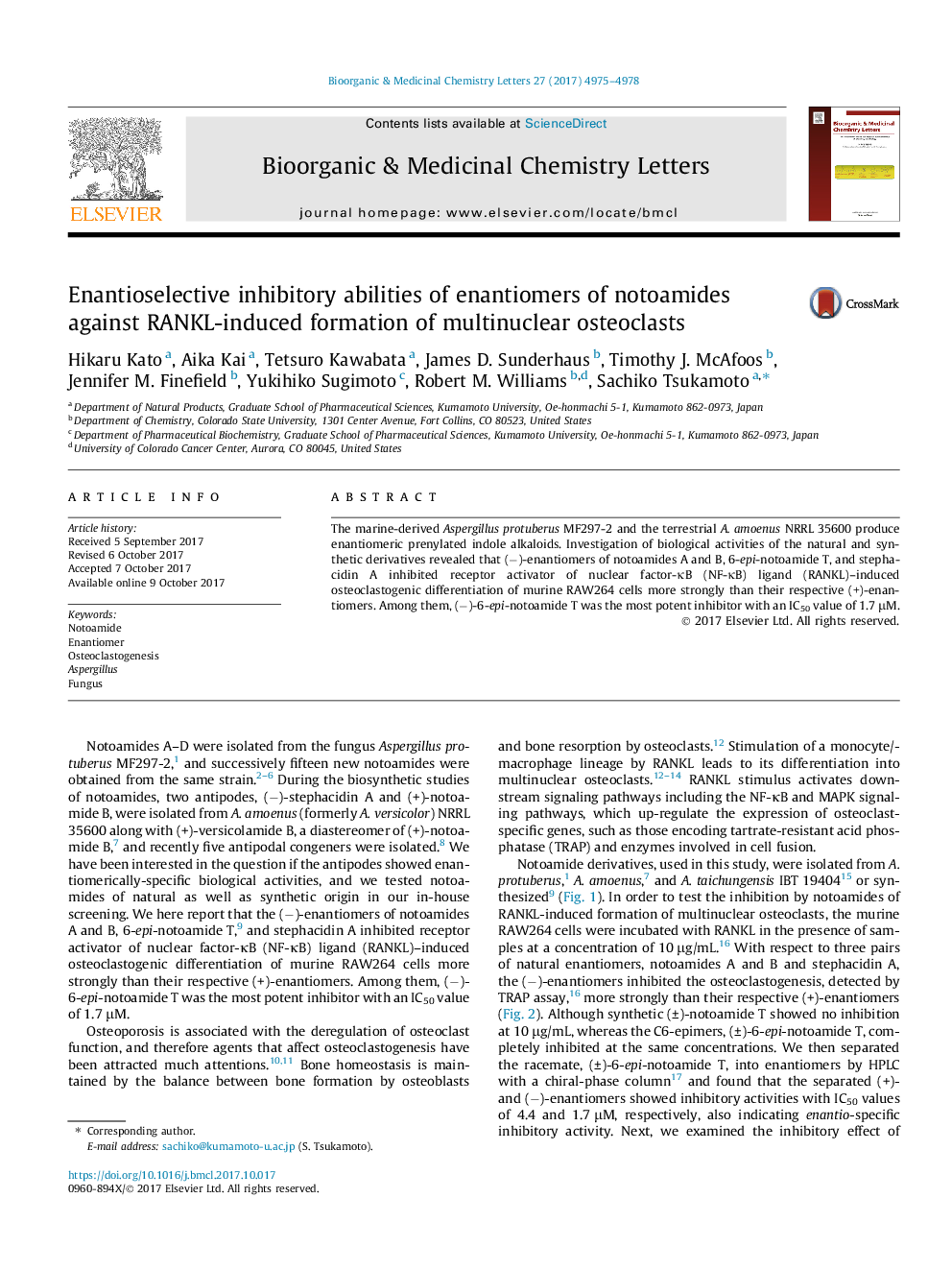 Enantioselective inhibitory abilities of enantiomers of notoamides against RANKL-induced formation of multinuclear osteoclasts