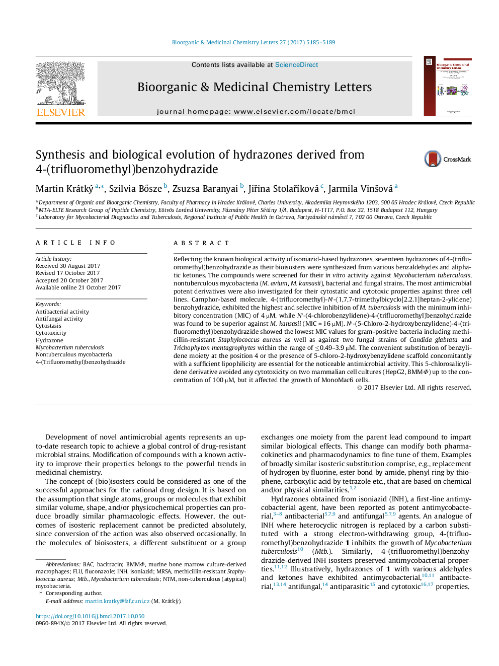 Synthesis and biological evolution of hydrazones derived from 4-(trifluoromethyl)benzohydrazide