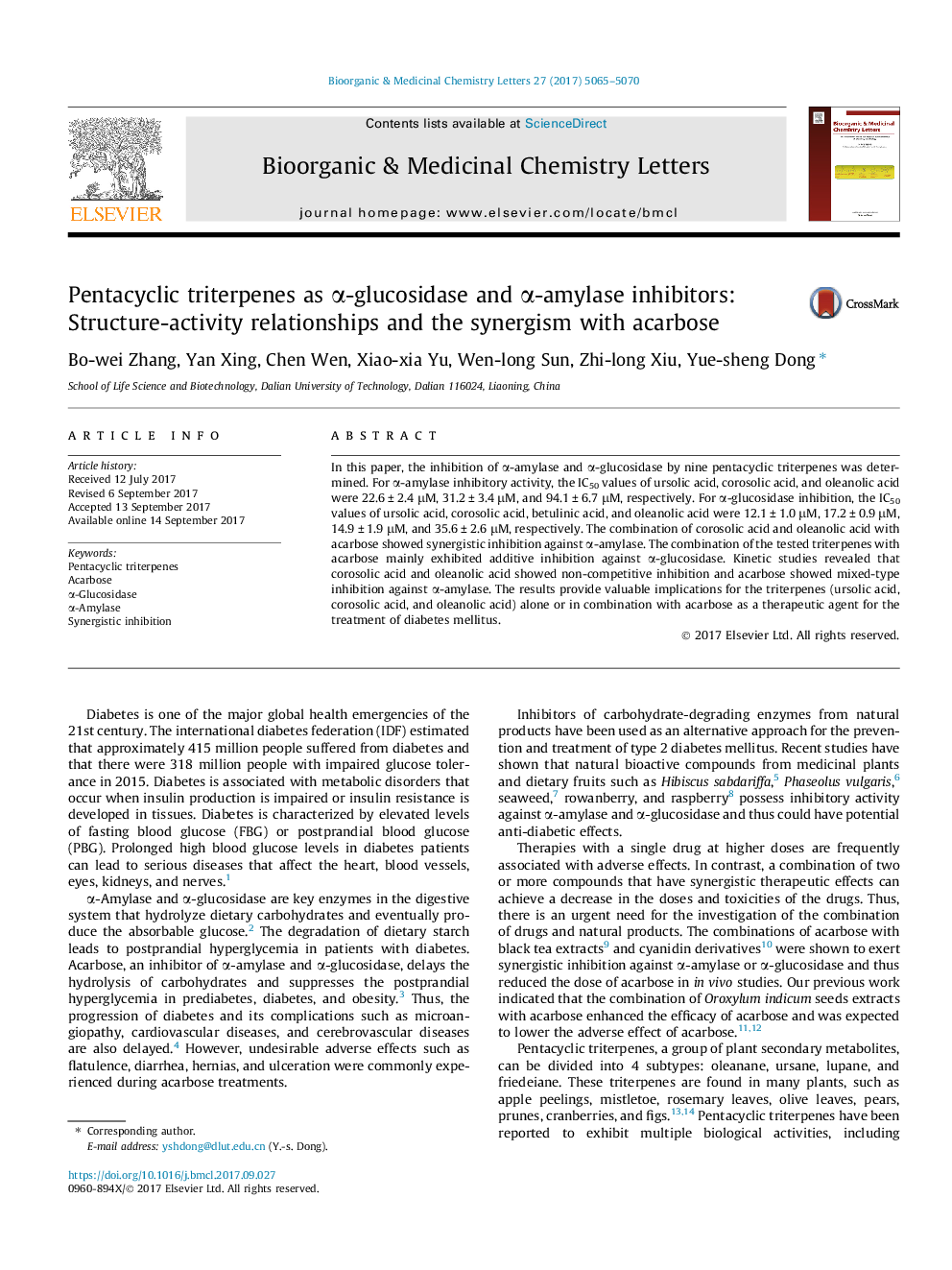 Pentacyclic triterpenes as Î±-glucosidase and Î±-amylase inhibitors: Structure-activity relationships and the synergism with acarbose