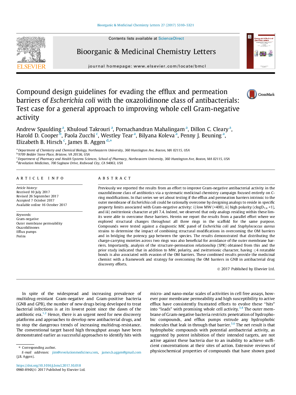 Compound design guidelines for evading the efflux and permeation barriers of Escherichia coli with the oxazolidinone class of antibacterials: Test case for a general approach to improving whole cell Gram-negative activity